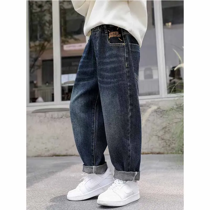 2024 Boys Fashion Jeans Children's Loose Casual Pants Spring Autumn New Kids Elastic Waist Pocket Letter Trousers 5-14 Years Old