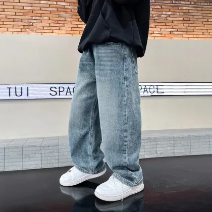 Spring Boys Jeans Pants Kids boys Wide Leg Straight Trousers Loose-Fit Casual Trousers Childrens Trendy Sweatpants Pant 5-14Y