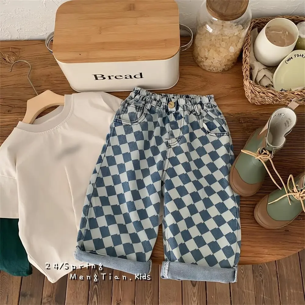 2-7 Y Kids Pants Plaid Boys Trousers Denim Kids Pants Casual Boys Jeans Fashion Kids Full Length Pants