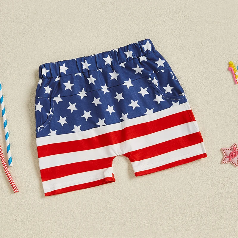 Baby Boy 4th of July Shorts American Flag Stars Striped Rocket Print Elastic Waist Toddler Boy Shorts Firework Pattern