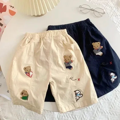 2025 New Cartoon Cute Childrens Boy Shorts Summer Fun Embroidery Closed Casual Pants Childrens Woven Shorts For 1-7 Years