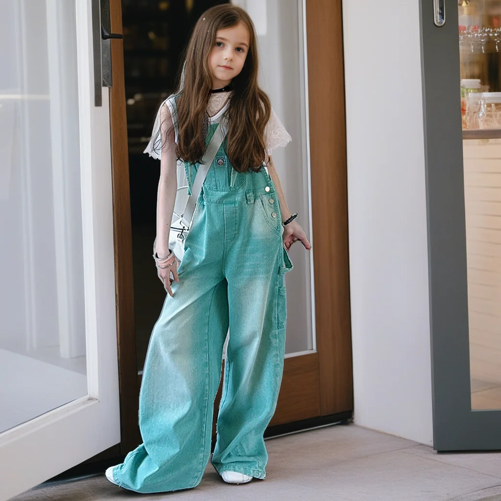 Denim Overalls for Girls Loose Slimming Casual Wide-Leg Jumpsuit 2025 Summer Kids Jeans Fashion Versatile Teen Children Pants