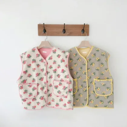 Vests Autumn Winter Fragmented Flowers Double Sided Velvet Boys Girls Baby Children Warm 2023 Simple Sweet round collar