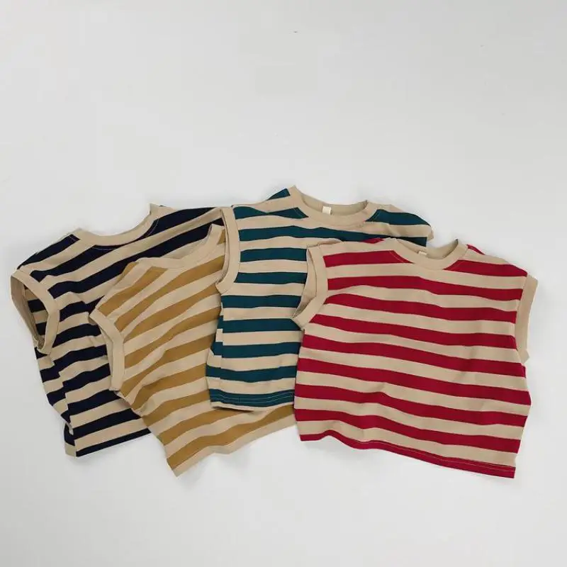 2024 Summer Children's Clothing Kids Striped Vest Retro Boy Girl Sleeveless T-shirt Loose Baby Sports Tops Cotton Toddler Tees