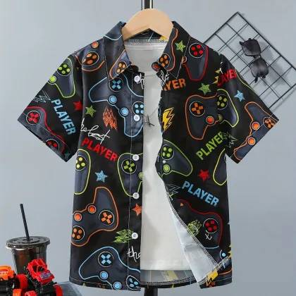 Children's Clothing Boy Gamepad Pattern Trendy Shirt Kids Clothes Casual Short Sleeve Turndown Collar Creative Summer Tops