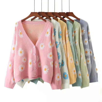 Kpytomoa Femme Fashion Print Soft Sweater Ladies Full Sleeve Floral Single Little Daisy V-Neck Pull Oversize Cardigan Streetwear