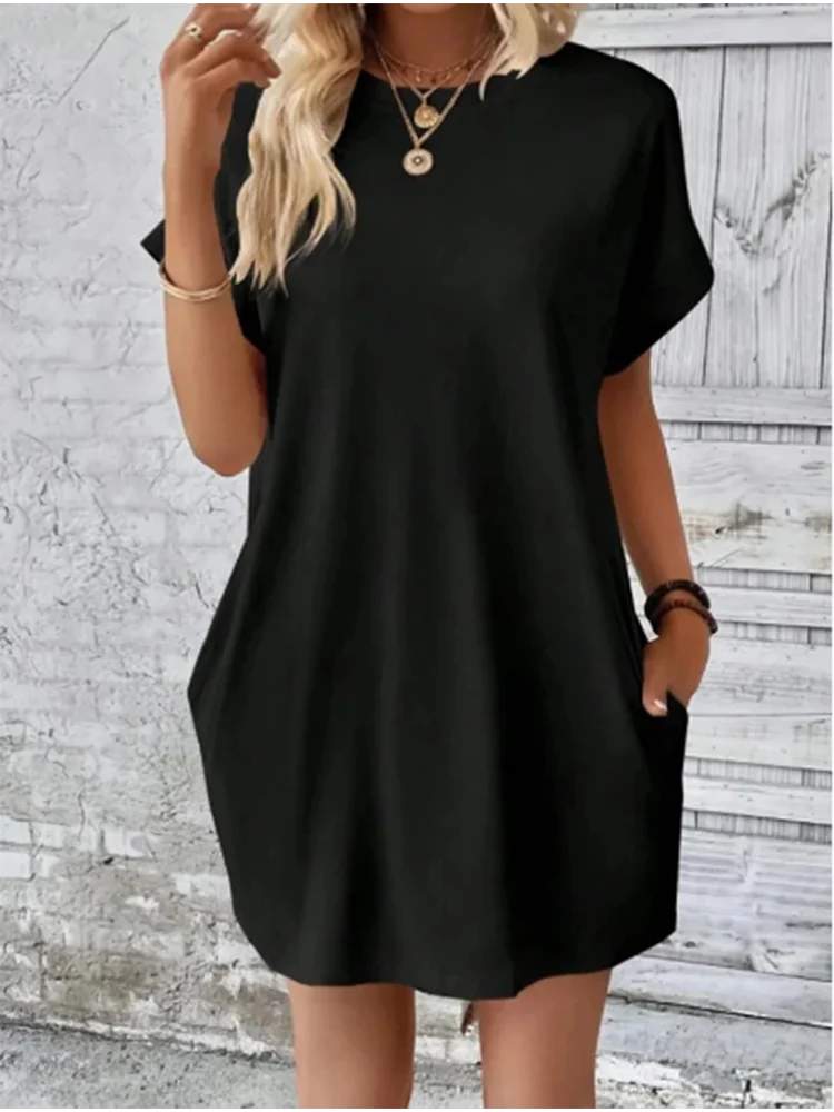Minimalist Solid Color Mini Skirt Women's Temperament Round Neck Pocket T Shirt Dress Summer Casual 2024 New Dresses