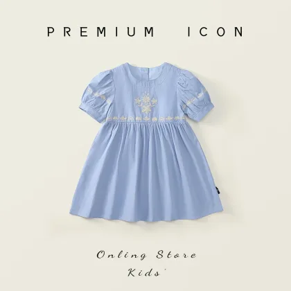 Girls' embroidered dress 2025 summer dress children's French sky blue bubble short sleeved princess dress