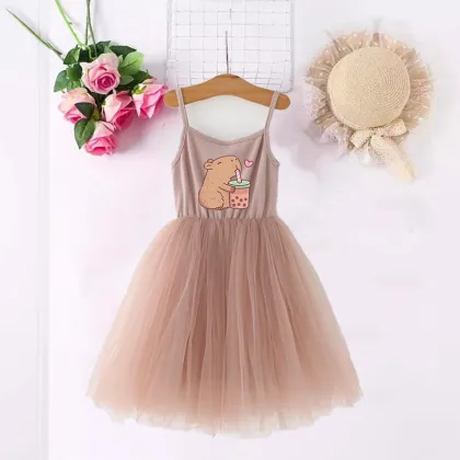 Capybara Girls Dresses Anime Printed Cute Kids Short Sleeves Dress Fashion Cartoon Summer Baby Children's Clothing Birthday Gift