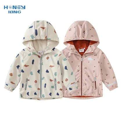 HONEYKING Baby Fleece Jacket Spring Autumn Girls Outerwear Kids Floral Print Hooded Waterproof Coat Children Raincoat Clothes