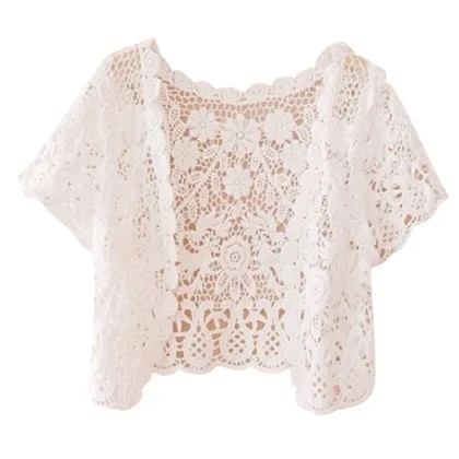 M2EA Womens Short Sleeve Open Front Lace Cardigan Floral Crochet Sheer Beach Cover Up Shrugs Crop Bolero Jackets for Dresses