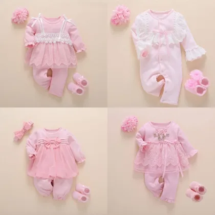 Newborn Baby Girl Clothes Fall Cotton Lace Princess Style Baby Jumpsuit 0-3 Months Infant Romper With Socks Headband ropa bebe