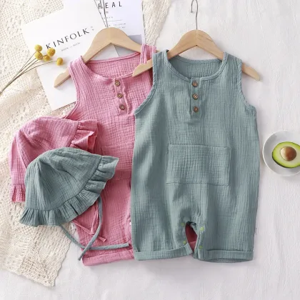 2Pcs Summer Solid Newborn Baby 100% Cotton Linen Bodysuits Boy Girl Sleeveless Romper Jumpsuit Soft Skin-friendly Thin Comfy
