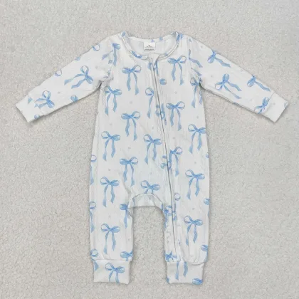 Wholesale Baby Girl Blue Bows Zipper Infant Children Long Sleeves Romper Toddler Kids Newborn Pajamas Coverall Bodysuit