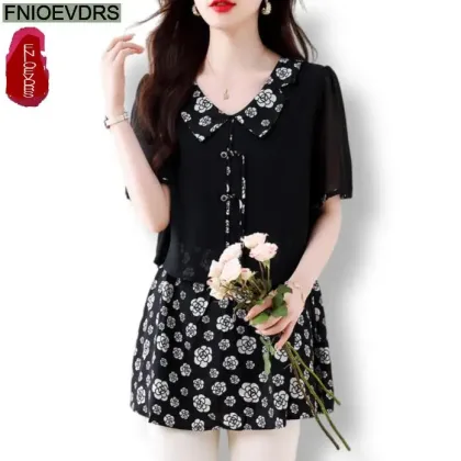 L-5XL Loose Clothes 2024 Women Summer Short Sleeve Elegant Ruffles Shirts Casual Retro Floral Tunic Peplum Tops And Blouses