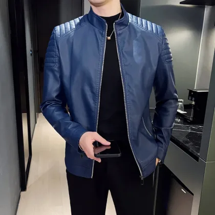 2024 Moto Pu Leather Jacket Men Winter Leahter Jacket Male Stand Collar Casual Windbreaker Trendy Mens Clothing Black Blue