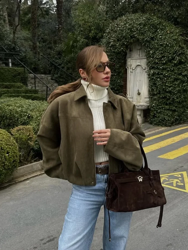 Women Green Suede Leather Jacket 2025 Fashion Oversized Full Sleeve Lapel Bomber Coat Female High Street Outerwears New Spring