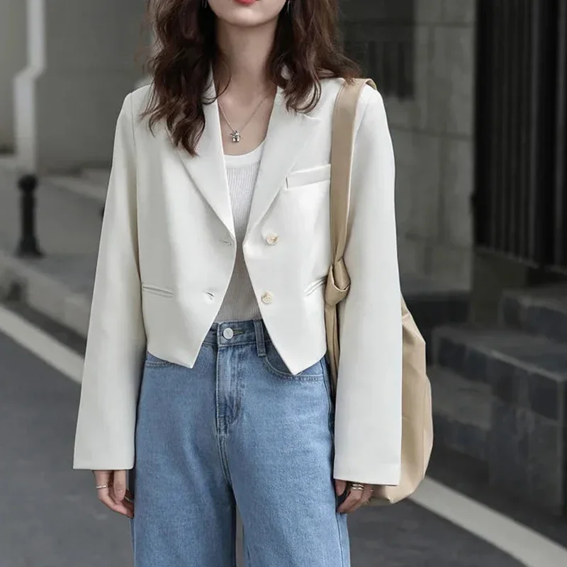 Fashion Design Cropped Suit Jacket Women 2025 Autumn Long Sleeve Korean Blazers Woman Solid Color Single-Breasted Office Coat
