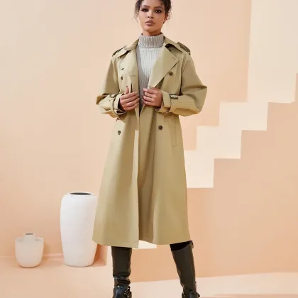 FSLE Women Trench Khaki Autumn Long Trench Coats Turn Down Collar Full Sleeve 100% Cotton Women Oversized Trench 24FS11325