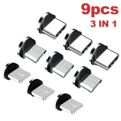 MVQF 9pcs Converter Charging Cable Adapter For Mobile Phone 360 Degree Rotation Magnetic Tips Replacement Parts Operate Durable