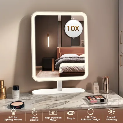 Portable LED Makeup Mirror 5X Magnification, Touch Control, Rechargeable, Dimmable Light 120° Adjustable Stand, HD Vanity Mirror