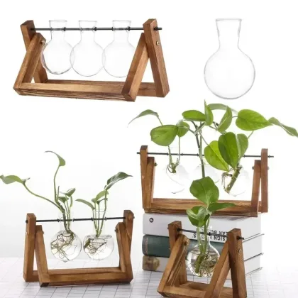 Hydroponic Plant Vases Glass Vase Vintage Bonsai Flower Pot Terrarium Tabletop Tray Wooden Frame Home Decor Cactus decoration