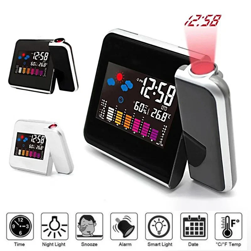 Color Screen Digital Projection Weather Alarm Clock, Electronic LED Adjustable Angle Projection Intelligent Alarm Clock