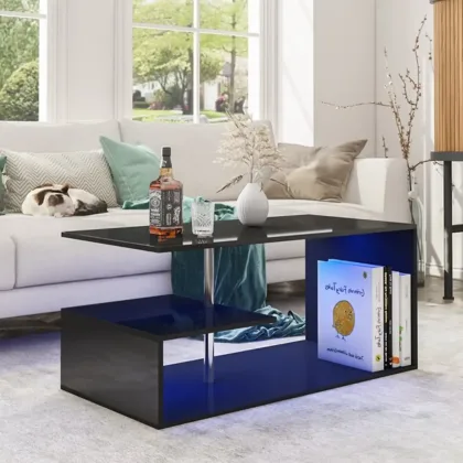 High Gloss Black Coffee Table with LED Lights Open Shelf Smart APP Control S Shaped Modern Sofa Side End Table for Living Room