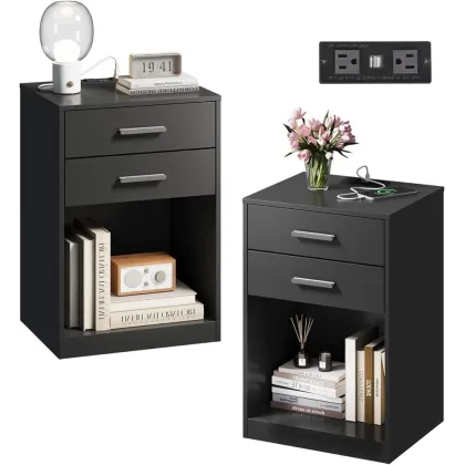 Nightstand Set of 2 with Charging Station, Wood Night Stand Sets with 2 Drawers and Open Shelf, Bed Side Tables Bedroom,