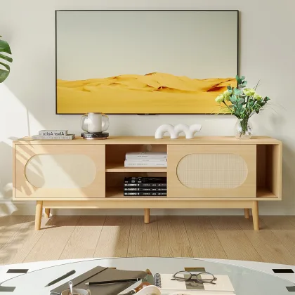 Farmhouse Rattan TV Stand for 55/60/65 inch TV, Modern Entertainment Center with Natural Rattan Door and 2 Open Shelves