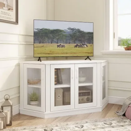 Corner TV Stand - 47 Inch Media Console with 4 Doors and Shelves, Living Room Storage for TVs up to 51 Inch