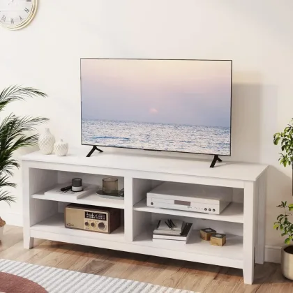 Modern TV Stand for 65 inch TV, White Wood TV Cabinet with 4 Open Storage Shelves, Fits 50-65 Inch TVs, 55 Inches W x 15 Inches
