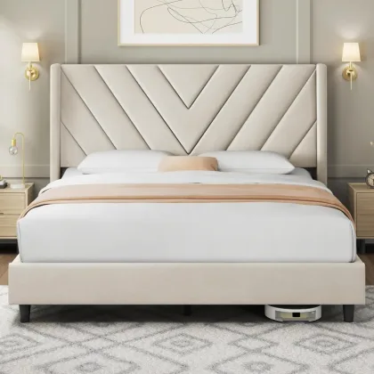 Bed Frame Upholstered Platform Bed with Wing Side/Wooden Slat Support/Tufted Headboard with Wing Side/Mattress Foundation