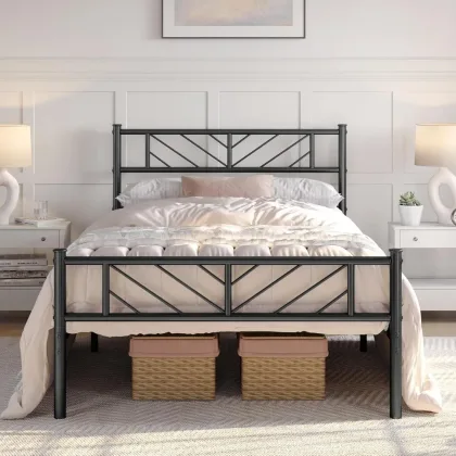 Twin Size Platform Bed Frame with Arrow Design Headboard, 13 Inches Metal Mattress Foundation for Storage, No Box Spri
