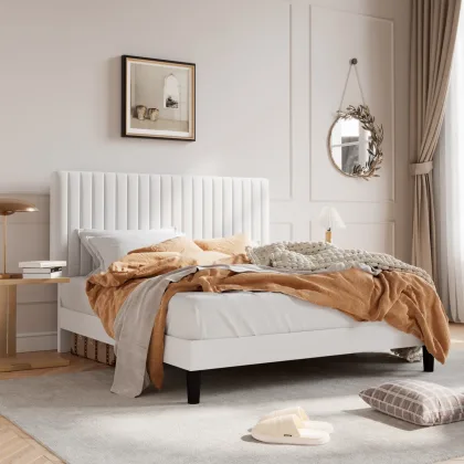 HOOMIC Upholstered Platform Bed Frame with Vertical Channel Tufted Velvet Fabric Adjustable Headboard Allewie