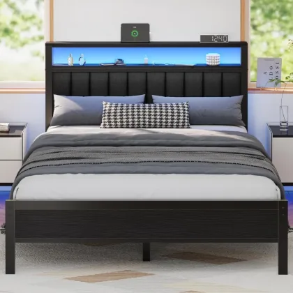 Full Size Bed Frame with Storage Space and  PU Leather Upholstered Bed Frame Platform, Easy Assembly, No Box Spring Needed