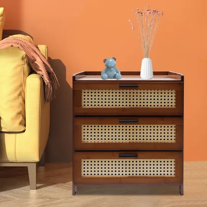 Modern Nightstand with 3 Drawers, Bamboo Accent End Table, Sofa Side Table, Bedside Table for Small Spaces (20kg Load Capacity)