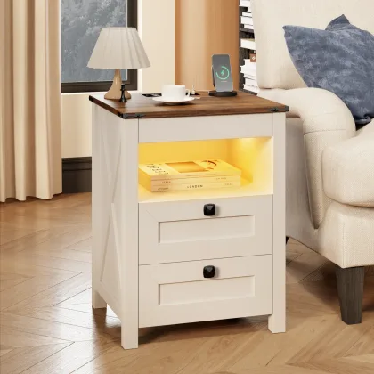 JDPAG Farmhouse LED Nightstand with Gun Drawer&Invisible Lock,Modern Bedside Table with Human Sensor Design