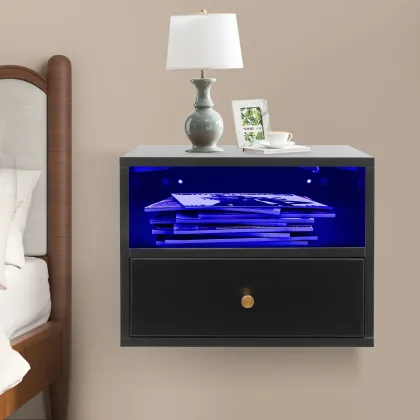 Modern Wall Mount Floating Nightstand Shelf W/ 2 Slide Drawers, Black Space Saving Bedside Cabinet for Bedroom,Hotel,Guesthouse