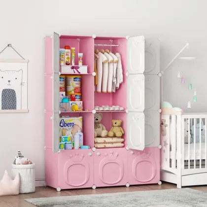 Kids Wardrobe Closet,Baby Closet Cabinet with Door.Baby Girls Armoires Organizer for Bedroom.Two Open Hanging Children Costume