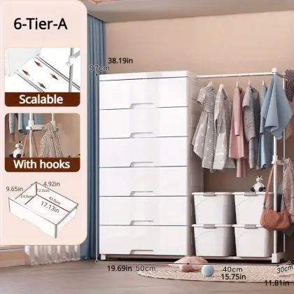 5/6-Tier White Wardrobe with Extendable Hanger - Large Space & Partitioned Storage Wardrobe for Bedroom, Dormitorie