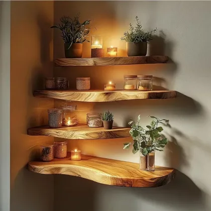 Live Edge Floating Wall Shelf, Solid Wood, Corner Mounted, Natural Wood Grain (32" W X 8" D X 1.5" (Inches))