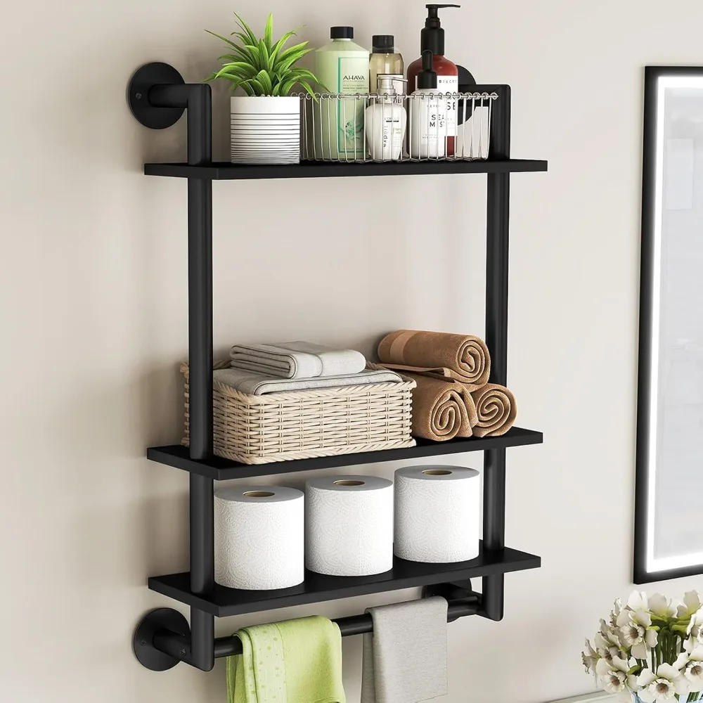 Bathroom Shelves Wall Mounted, 3 Tier Towel Racks with Towel Bar, 26in Stainless Steel Industrial Floating Pipe Shelves Over Toi