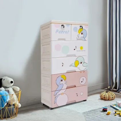 Bymaocar 5-Layer Multi-color Drawers Cartoon Dresser Storage Organizer Cabinet Plastic Free Standing  6 Drawers w/ Lock & Wheels
