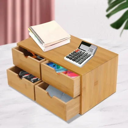 Bamboo Desk Organizer, 4 Drawers, Natural Finish, Practical Storage for Office