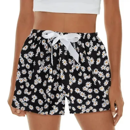 Summer Women Casual High Waist Shorts Pants Womens Bohemian Beach Lightweight Printed Drawstrings Elastic Waist Lounge Bottoms