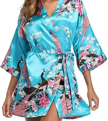 Satin Silk Women Wedding Bridemaid Robe Sexy Crane Print Bathrobe Short Long Kimono Night Gown Robe Fashion Dressing Gown Female