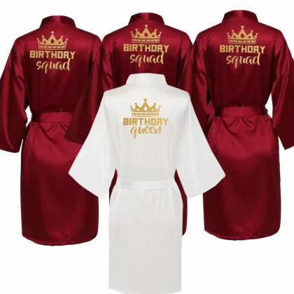 Birthday Party Queen&Squad Robes Satin Pajamas Robe Dressing Gown Pajamas gold writing kimono robe