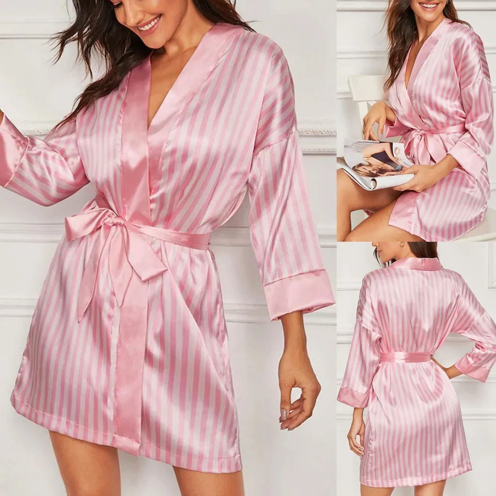 Women Nightgowns Silk Satin Robe Nightdress Female Striped SleepDress Sleepshirt Sleepwear Sleeveless Nightwear Homewear Pajama