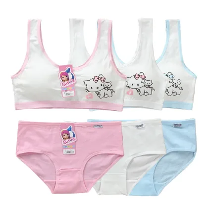 LJMOFA Girls Cute Underwear Set Kids Cotton Sports Training Bra Solid Color Letters Printed Neckline Teenage Briefs Panties B219